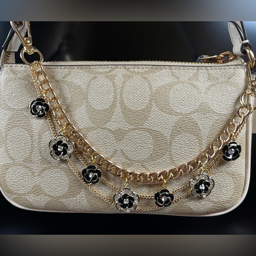 Bag Charm Chain in Gold Tone with Black Flowers